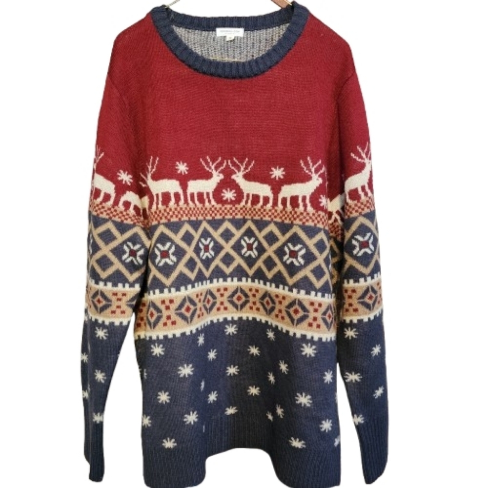 Womens 1X Chicsoul Festive Red & Gray Comfy Cabincore Reindeer Sweater